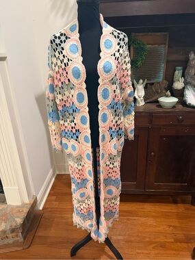 Pol Crochet Open-Front Long Cardigan Coatigan in Pastel Multi